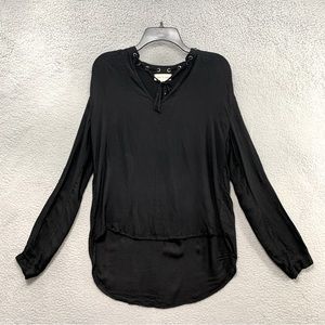 Cloth & Stone Women’s S Top Blouse Black Long Sleeve V-Neck Lace Up High-Low Tie